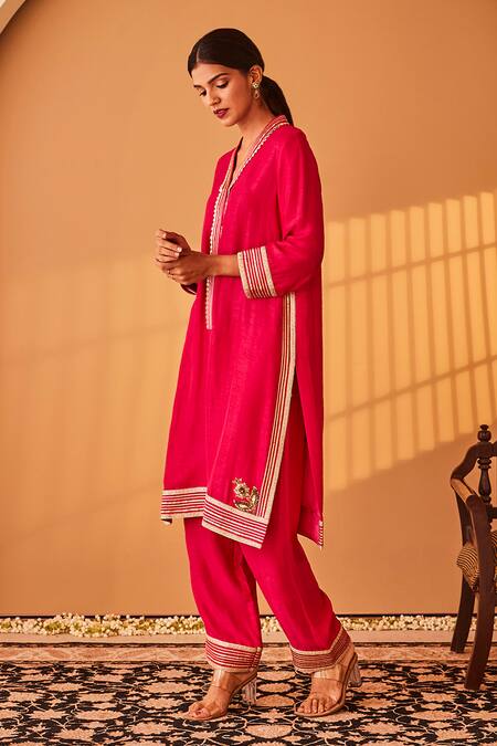 Buy_BO Tree_Magenta Satin, Silk Embroidery, Lace Janaan Zardozi Butta Placement Kurta Set _Online_at_Aza_Fashions