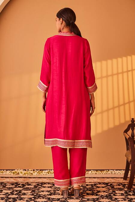 Shop_BO Tree_Magenta Satin, Silk Embroidery, Lace Janaan Zardozi Butta Placement Kurta Set _Online_at_Aza_Fashions