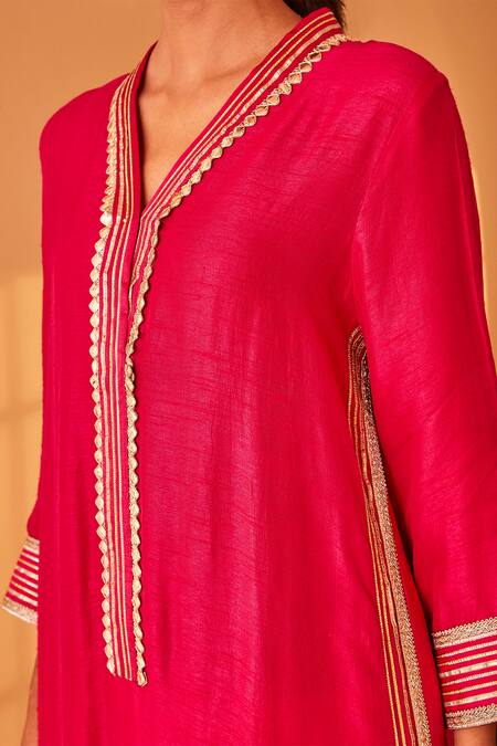BO Tree_Magenta Satin, Silk Embroidery, Lace Janaan Zardozi Butta Placement Kurta Set _at_Aza_Fashions