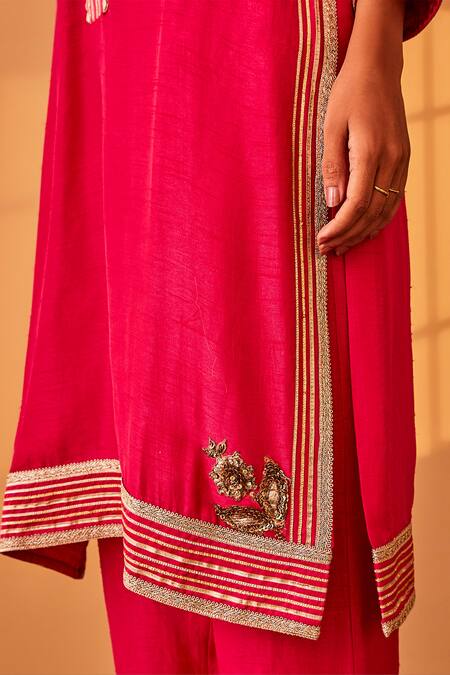 Buy_BO Tree_Magenta Satin, Silk Embroidery, Lace Janaan Zardozi Butta Placement Kurta Set 