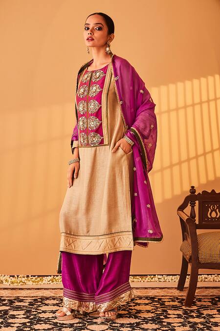BO Tree_Beige Satin, Silk, Chiffon Embroidery, Gota Patti, Gul E Rana Zardozi Kurta Set _Online_at_Aza_Fashions