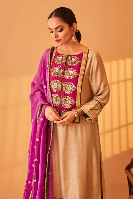 Buy_BO Tree_Beige Satin, Silk, Chiffon Embroidery, Gota Patti, Gul E Rana Zardozi Kurta Set _Online_at_Aza_Fashions