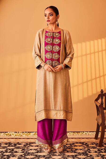Shop_BO Tree_Beige Satin, Silk, Chiffon Embroidery, Gota Patti, Gul E Rana Zardozi Kurta Set _Online_at_Aza_Fashions