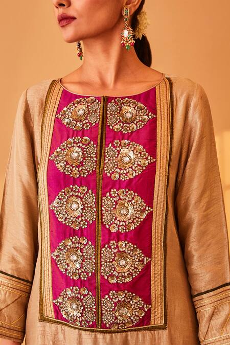 BO Tree_Beige Satin, Silk, Chiffon Embroidery, Gota Patti, Gul E Rana Zardozi Kurta Set _at_Aza_Fashions