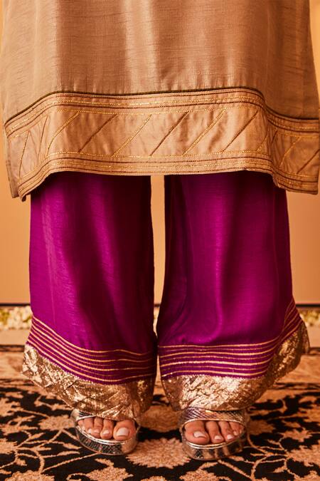 Buy_BO Tree_Beige Satin, Silk, Chiffon Embroidery, Gota Patti, Gul E Rana Zardozi Kurta Set 