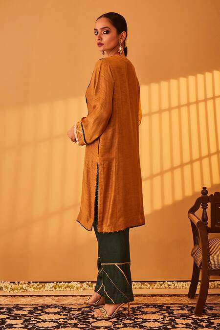 Buy_BO Tree_Yellow Satin, Silk Embroidery, Gota Patti Mehar E Khuda Floral Kurta And Pant Set _Online_at_Aza_Fashions