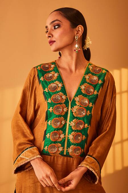 Shop_BO Tree_Yellow Satin, Silk Embroidery, Gota Patti Mehar E Khuda Floral Kurta And Pant Set _Online_at_Aza_Fashions