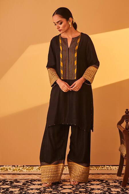 BO Tree_Black Satin, Silk Zari Split Zehar Stripe Embroidered Kurta And Flared Pant Set _Online_at_Aza_Fashions
