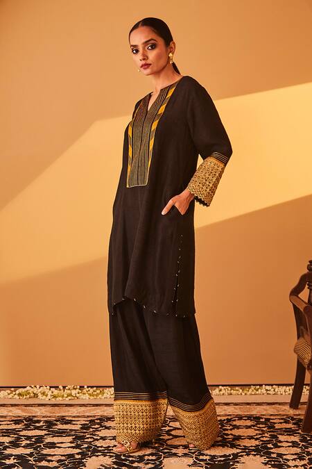 Buy_BO Tree_Black Satin, Silk Zari Split Zehar Stripe Embroidered Kurta And Flared Pant Set _Online_at_Aza_Fashions