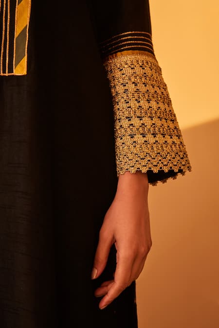 Shop_BO Tree_Black Satin, Silk Zari Split Zehar Stripe Embroidered Kurta And Flared Pant Set _Online_at_Aza_Fashions