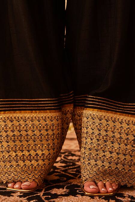 BO Tree_Black Satin, Silk Zari Split Zehar Stripe Embroidered Kurta And Flared Pant Set _at_Aza_Fashions