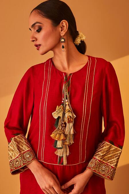 Buy BO Tree Red Satin, Silk Tassels, Zari Roohaniyat Sleeve Embroidered Kurta And Pant Set Online at Aza Fashions Buy_BO Tree_Red Satin, Silk Tassels, Zari Roohaniyat Sleeve Embroidered Kurta And Pant Set _Online_at_Aza_Fashions