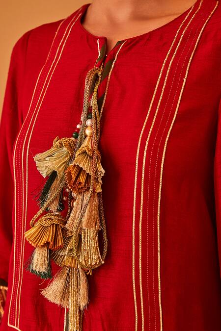 Shop BO Tree Red Satin, Silk Tassels, Zari Roohaniyat Sleeve Embroidered Kurta And Pant Set Online at Aza Fashions Shop_BO Tree_Red Satin, Silk Tassels, Zari Roohaniyat Sleeve Embroidered Kurta And Pant Set _Online_at_Aza_Fashions