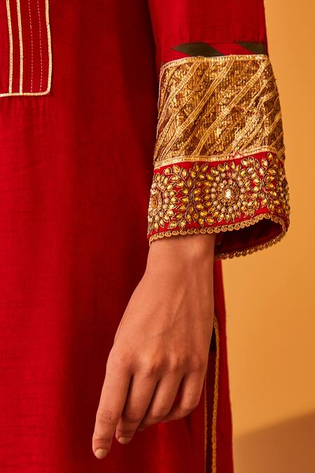 BO Tree Red Satin, Silk Tassels, Zari Roohaniyat Sleeve Embroidered Kurta And Pant Set at Aza Fashions BO Tree_Red Satin, Silk Tassels, Zari Roohaniyat Sleeve Embroidered Kurta And Pant Set _at_Aza_Fashions