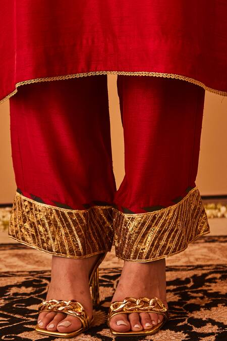 Buy BO Tree Red Satin, Silk Tassels, Zari Roohaniyat Sleeve Embroidered Kurta And Pant Set Buy_BO Tree_Red Satin, Silk Tassels, Zari Roohaniyat Sleeve Embroidered Kurta And Pant Set