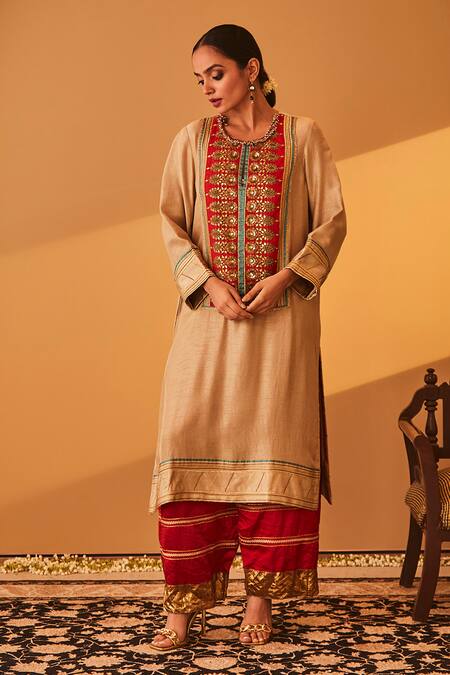 BO Tree_Beige Satin, Silk Sequins, Zari, Embroidery Round Neck Rayana Kurta Set _Online_at_Aza_Fashions