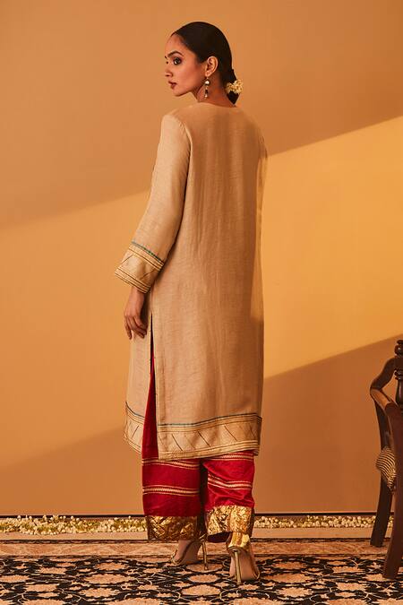 Buy_BO Tree_Beige Satin, Silk Sequins, Zari, Embroidery Round Neck Rayana Kurta Set _Online_at_Aza_Fashions