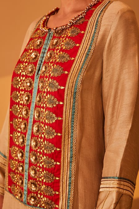 Shop_BO Tree_Beige Satin, Silk Sequins, Zari, Embroidery Round Neck Rayana Kurta Set _Online_at_Aza_Fashions