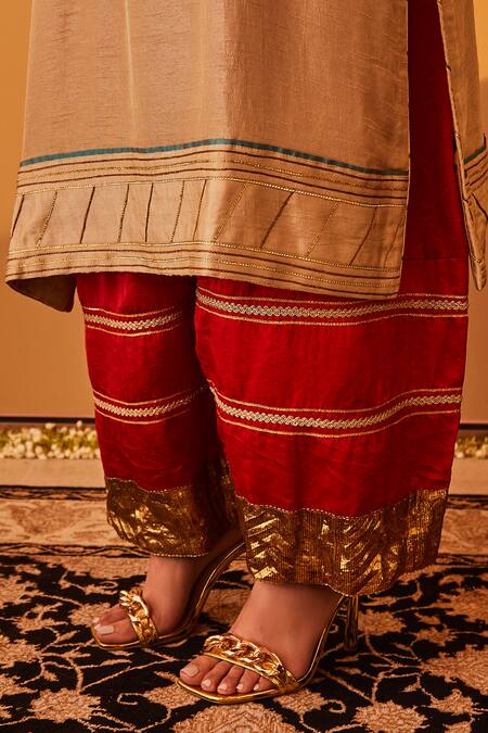 BO Tree_Beige Satin, Silk Sequins, Zari, Embroidery Round Neck Rayana Kurta Set _at_Aza_Fashions