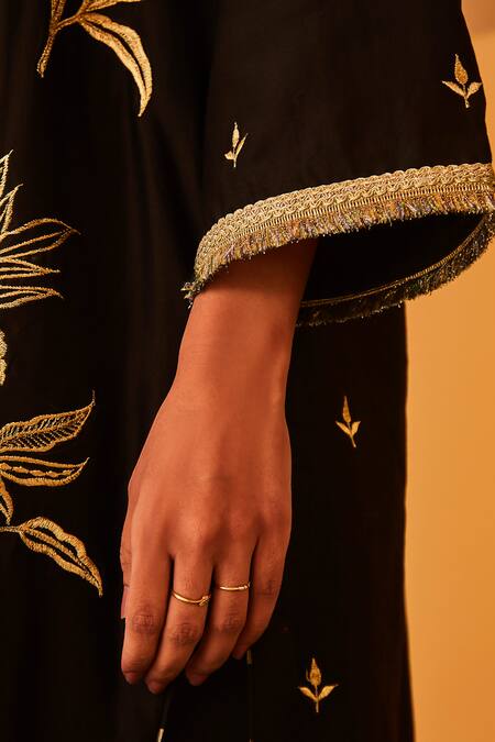 Shop_BO Tree_Black Chanderi Embroidery Collared Aafreen Zari Kurta Set _Online_at_Aza_Fashions