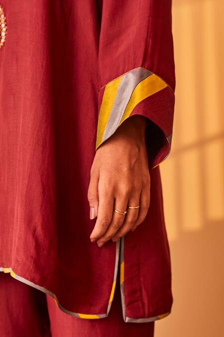 Shop_BO Tree_Maroon Silk Zari Split Rukhsar Zardozi Placement Embroidered Kurta And Pant Set _Online_at_Aza_Fashions