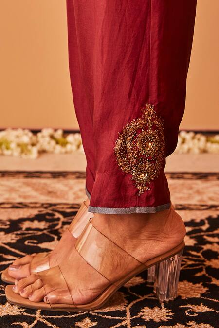 BO Tree_Maroon Silk Zari Split Rukhsar Zardozi Placement Embroidered Kurta And Pant Set _at_Aza_Fashions