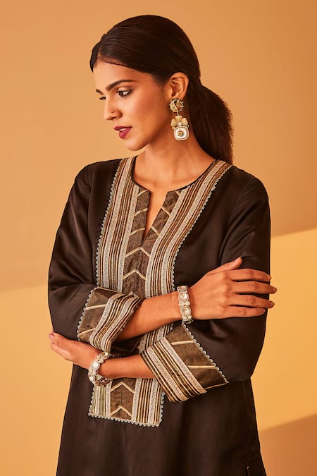 Shop_BO Tree_Black Satin, Organza Gota Patti Split Mashhoor Embroidered Kurta And Salwar Set _Online_at_Aza_Fashions