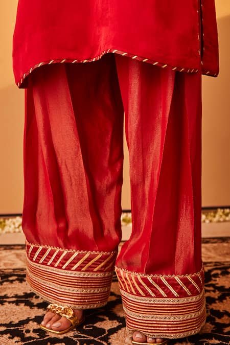 BO Tree_Red Satin, Organza Embroidery, Gota Patti Split Raabta Placket Kurta Set _at_Aza_Fashions