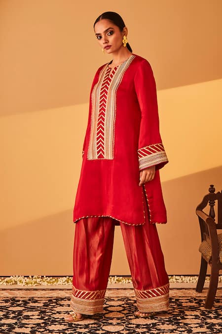 Shop_BO Tree_Red Satin, Organza Embroidery, Gota Patti Split Raabta Placket Kurta Set 