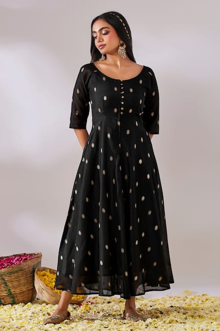 Shop Gulaal Black Cotton Brocade Round Banarasi Anarkali at Aza Fashions Shop_Gulaal_Black Cotton Brocade Round Banarasi Anarkali_at_Aza_Fashions