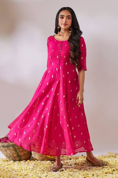 Shop Gulaal Pink Cotton Brocade Round Banarasi Flared Anarkali at Aza Fashions Shop_Gulaal_Pink Cotton Brocade Round Banarasi Flared Anarkali_at_Aza_Fashions