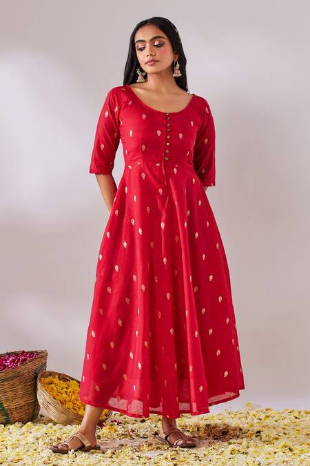 Gulaal_Red Cotton Brocade Round Banarasi Anarkali_Online_at_Aza_Fashions