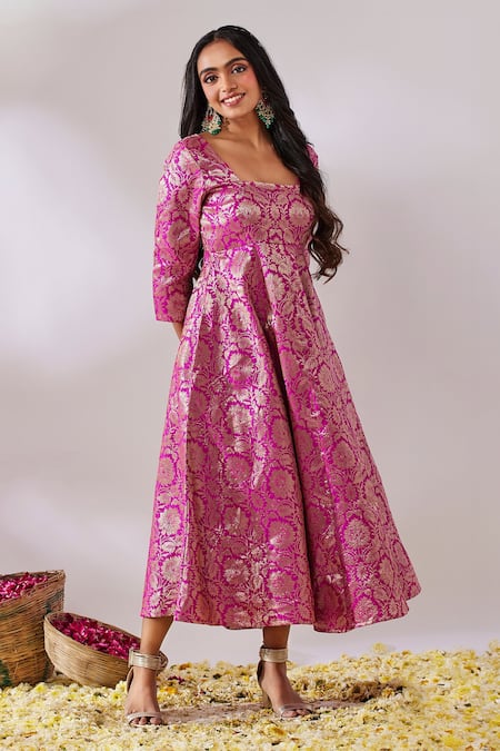 Gulaal Pink Cotton Brocade Square Banarasi Floral Pattern Anarkali 