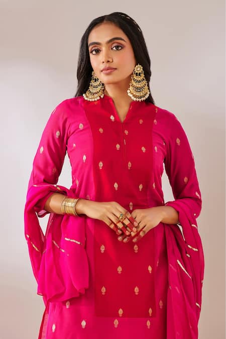 Shop Gulaal Pink Georgette, Cotton Satin Sequins V-neck Brocade Kurta Pant Set Online at Aza Fashions Shop_Gulaal_Pink Georgette, Cotton Satin Sequins V-neck Brocade Kurta Pant Set _Online_at_Aza_Fashions