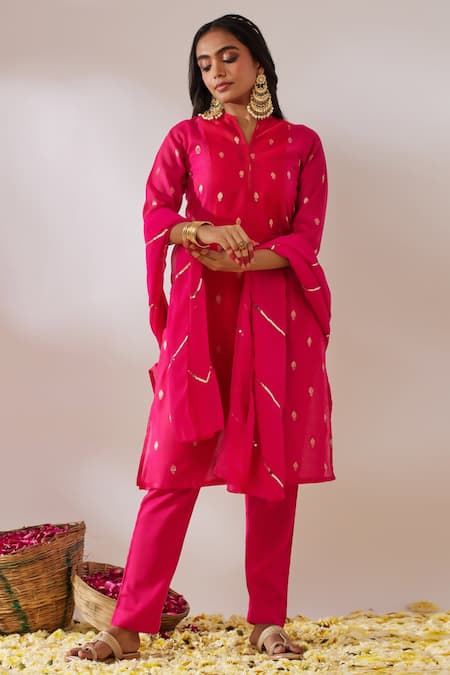 Gulaal Pink Georgette, Cotton Satin Sequins V-neck Brocade Kurta Pant Set at Aza Fashions Gulaal_Pink Georgette, Cotton Satin Sequins V-neck Brocade Kurta Pant Set _at_Aza_Fashions
