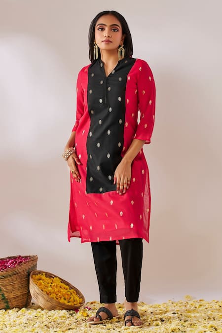 Shop Gulaal Red Georgette, Satin, Sequins V-neck Brocade Woven Kurta Pant Set Online at Aza Fashions Shop_Gulaal_Red Georgette, Satin, Sequins V-neck Brocade Woven Kurta Pant Set _Online_at_Aza_Fashions