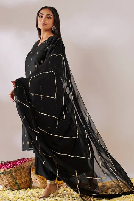 Gulaal_Black Georgette, Cotton Satin Sequins A-line Banarasi Brocade Kurta Palazzo Set _Online_at_Aza_Fashions