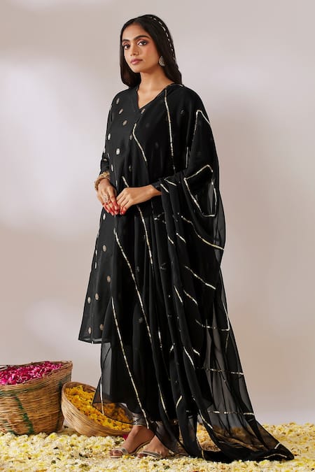 Buy_Gulaal_Black Georgette, Cotton Satin Sequins A-line Banarasi Brocade Kurta Palazzo Set _Online_at_Aza_Fashions