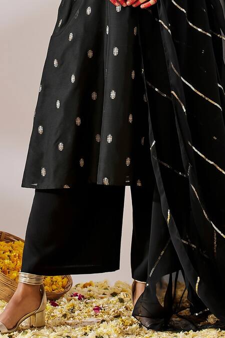 Shop_Gulaal_Black Georgette, Cotton Satin Sequins A-line Banarasi Brocade Kurta Palazzo Set _Online_at_Aza_Fashions
