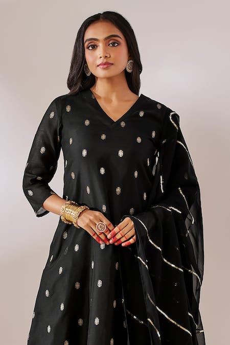 Gulaal_Black Georgette, Cotton Satin Sequins A-line Banarasi Brocade Kurta Palazzo Set _at_Aza_Fashions