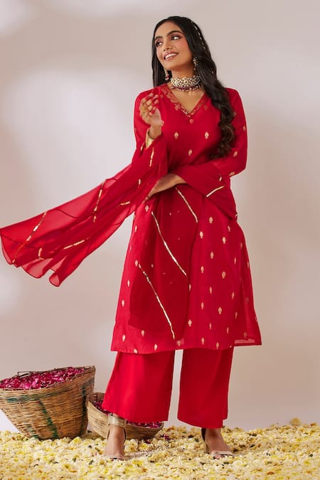 Gulaal Red Cotton Brocade V Neck Banarasi A-line Kurta Palazzo Set 