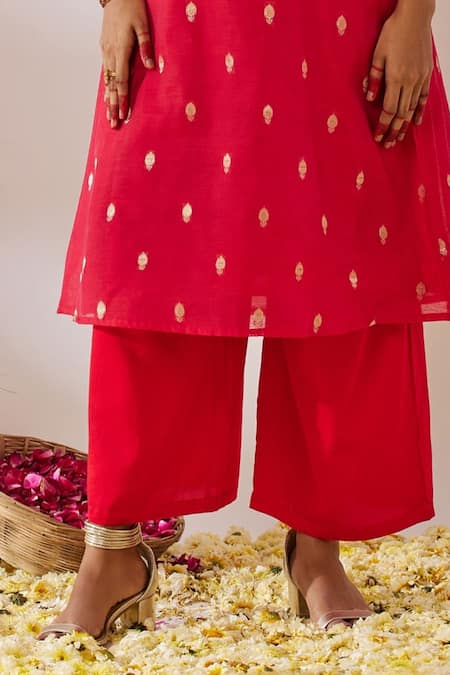 Gulaal_Red Georgette, Cotton Satin Sequins Banarasi Brocade A-line Kurta Palazzo Set _Online_at_Aza_Fashions