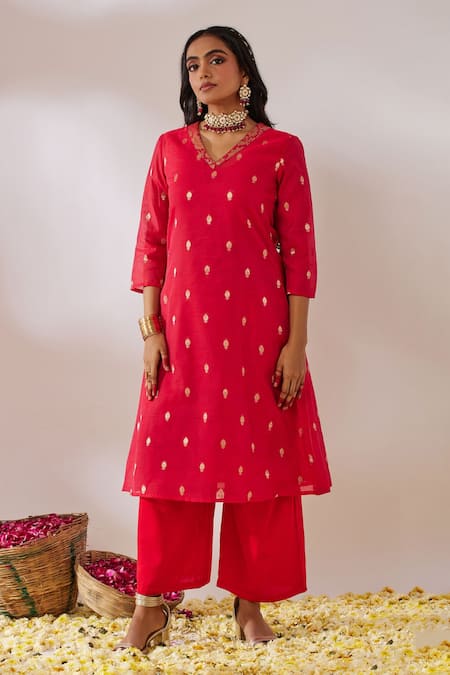 Buy_Gulaal_Red Georgette, Cotton Satin Sequins Banarasi Brocade A-line Kurta Palazzo Set _Online_at_Aza_Fashions