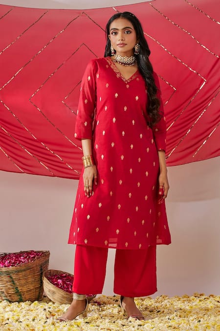 Shop_Gulaal_Red Georgette, Cotton Satin Sequins Banarasi Brocade A-line Kurta Palazzo Set _Online_at_Aza_Fashions