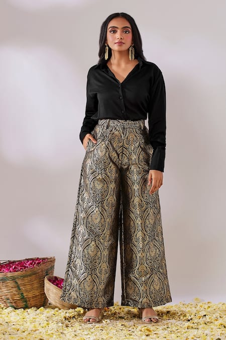 Gulaal Black Cotton Satin V Neck Top And Flared Pant Set 