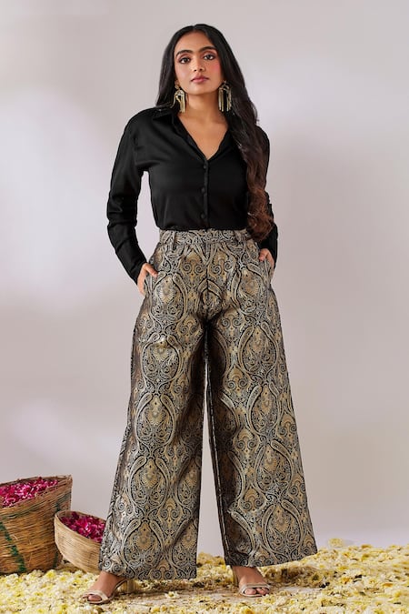 Shop Gulaal Black Satin, Handloom Embroidery V-neck Top And Flared Pant Set at Aza Fashions Shop_Gulaal_Black Satin, Handloom Embroidery V-neck Top And Flared Pant Set_at_Aza_Fashions