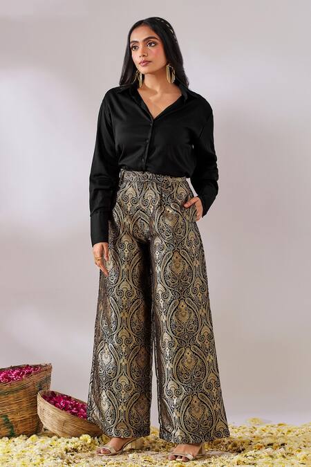 Gulaal Black Satin, Handloom Embroidery V-neck Top And Flared Pant Set Online at Aza Fashions Gulaal_Black Satin, Handloom Embroidery V-neck Top And Flared Pant Set_Online_at_Aza_Fashions