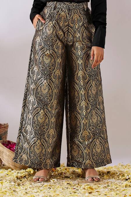 Buy Gulaal Black Satin, Handloom Embroidery V-neck Top And Flared Pant Set Online at Aza Fashions Buy_Gulaal_Black Satin, Handloom Embroidery V-neck Top And Flared Pant Set_Online_at_Aza_Fashions