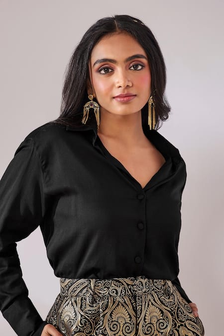 Shop Gulaal Black Satin, Handloom Embroidery V-neck Top And Flared Pant Set Online at Aza Fashions Shop_Gulaal_Black Satin, Handloom Embroidery V-neck Top And Flared Pant Set_Online_at_Aza_Fashions