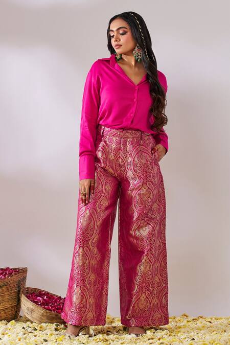 Shop Gulaal Pink Cotton Satin, Handloom Cotton, Brocade Long Sleeve Top And Pant Set at Aza Fashions Shop_Gulaal_Pink Cotton Satin, Handloom Cotton, Brocade Long Sleeve Top And Pant Set_at_Aza_Fashions